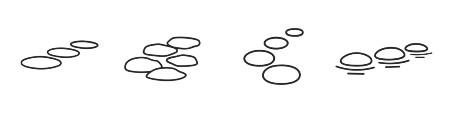 Collection of simple line art stepping stones in a path across white background