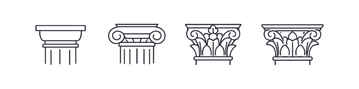 Collection of four distinct classical architectural column capitals in line art style