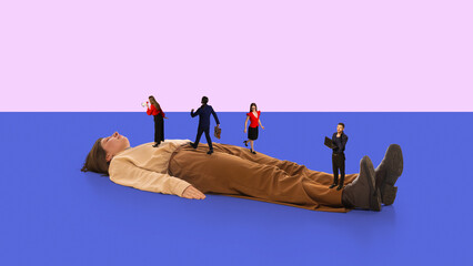 Woman in office outfit lying on floor with miniature professionals walk across her body on minimal...