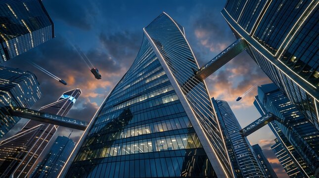 Futuristic cityscape at dusk with modern skyscrapers skybridges and flying vehicles