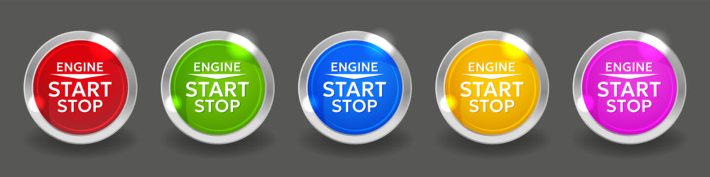 Engine start stop buttons set. Glossy round icons in different colors with metallic frame for car dashboard interface elements