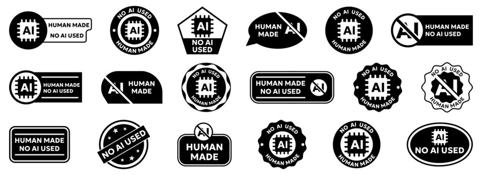 No ai used badge collection. Black label designs with typography and chip symbols for marking human made content authenticity