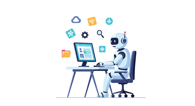 A humanoid robot sits at a desk, typing on a keyboard and looking at a computer monitor displaying a user profile.