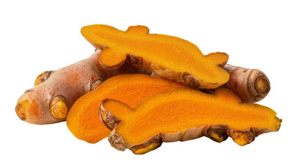 Whole and sliced vibrant orange turmeric roots, isolated on transparent background © Emilija