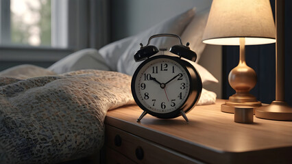 Naklejka premium Realistic bedroom scene with alarm clock on bedside table early morning mood