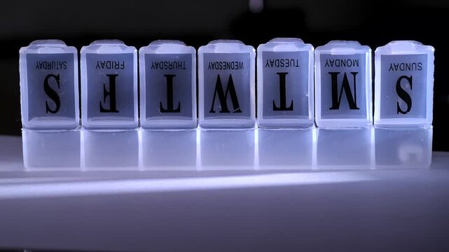 A macro shot of a hand arranging pills into a daily pill organizer with labeled compartments. Concept of healthcare, medication routine, treatment planning, pharmacy and medical advertising.