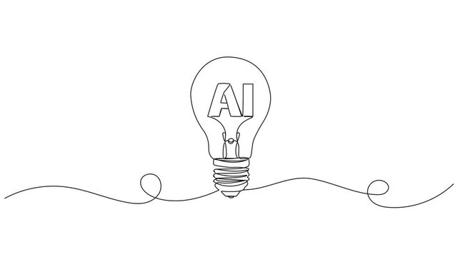 animated continuous line drawing of light bulb with the letters AI inside, artificial intelligence and creative technology line art animation