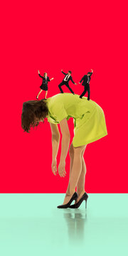 Businesswoman bending forward while miniature workers dance on her back on bright background. Concept of creativity, idea generation, brainstorming inspiration, and dynamic thinking process.