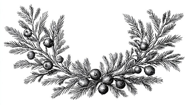 Juniper branch with berries engraving sketch botanical illustration isolated background