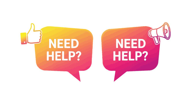 Colorful vector graphic illustration of two speech bubbles with "need help" text
