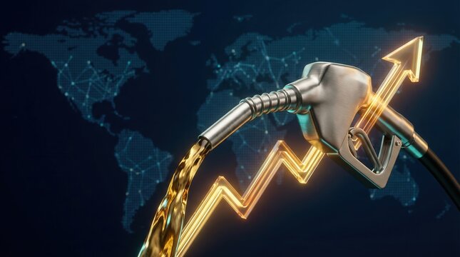 Rising fuel prices concept, fuel nozzle pouring oil with upward arrow 3D render. Global energy crisis and economic inflation impact on world market.