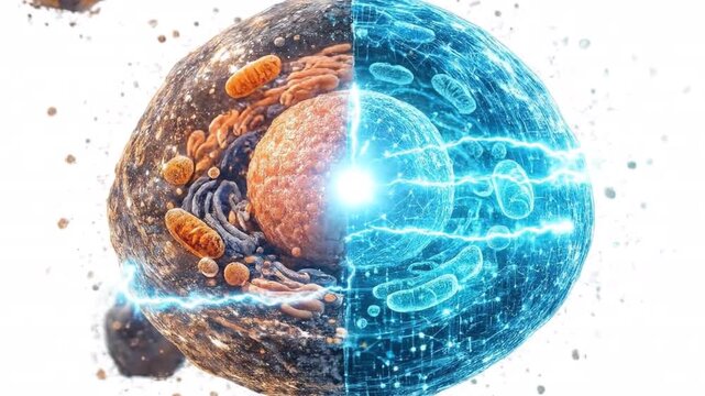 Cross section of cell showing internal structure, biology concept, scientific research, medical study.