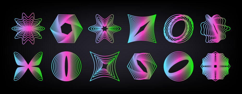 Set of 12 neon abstract geometric line shapes. Vibrant UV gradient wireframe elements with moire effect for cyberpunk posters and trendy Y2K aesthetic design.