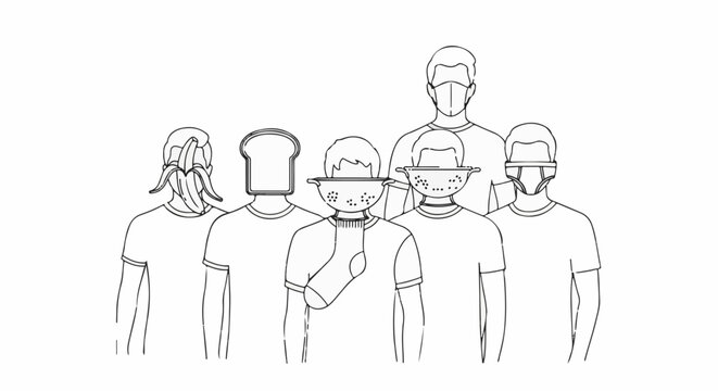 Group portrait of people with bizarre objects covering their faces