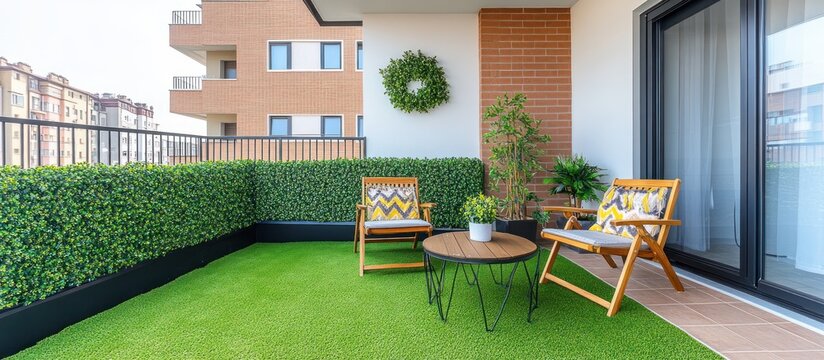 Modern apartment balcony oasis with artificial turf, hedge privacy screen, and city view