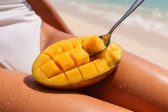 Fresh mango cubes served on beach with spoon tropical summer fruit snack vacation lifestyle