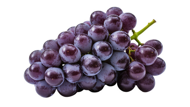 Dark purple grapes with green stem, isolated on transparent background