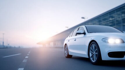 Naklejka premium White sedan parked in an airport parking lot during sunrise, with a modern terminal building visible in the background and clear skies creating a serene travel atmosphere