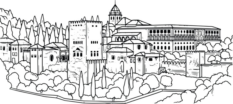 Alhambra Palace Granada line art illustration isolated