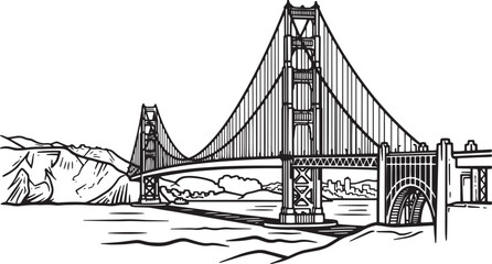 Fototapeta premium Golden Gate Bridge line art isolated iconic suspension bridge illustration