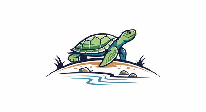 Green turtle on shore with water and rocks, stylized