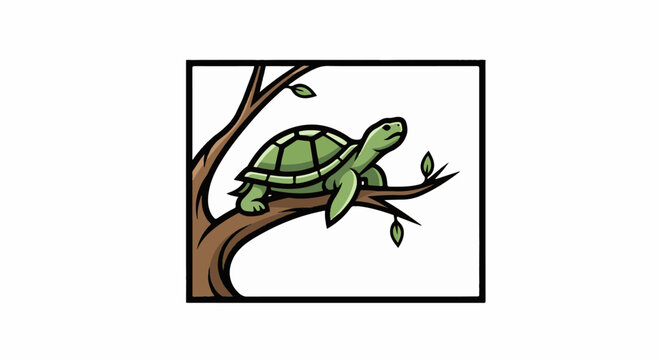 Green turtle perched on a brown tree branch with leaves