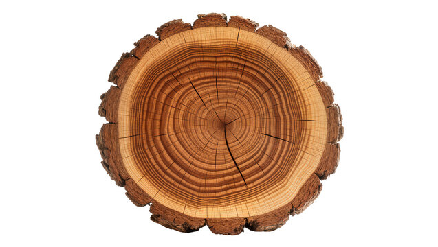 Rough bark tree cross-section with visible growth rings, isolated on transparent background