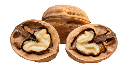 Obraz premium Whole and halved walnuts with creamy white kernels, isolated on transparent background