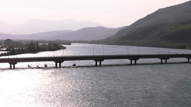 Fly towards Bu Lu Bridge in Hue, Vietnam