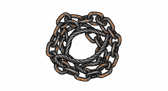 Intertwined rusty chains form a circular, caged structure