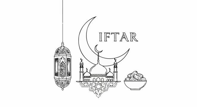 Ramadan Iftar celebration with crescent moon, mosque, dates, and lantern