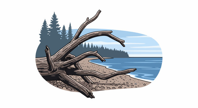Gnarly driftwood rests on a pebbly shore with trees and blue water