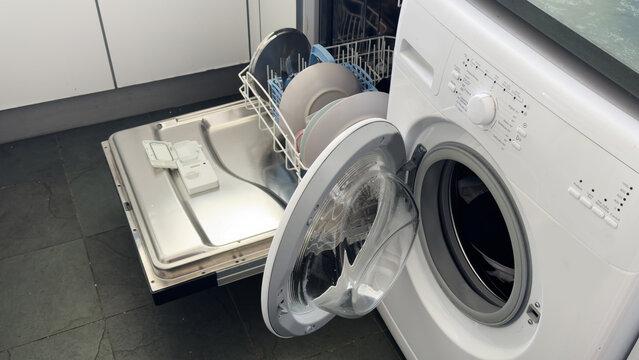 Interior design in villa, house, home, condo and apartment feature dishwasher, washing machine in kitchen