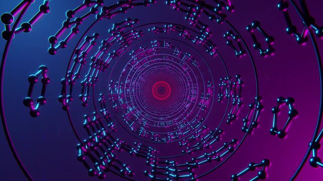Cybernetic molecular network link animation with glowing blue-purple light loops.