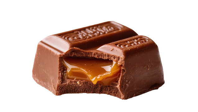 Melted caramel oozing from a broken chocolate bar, isolated on transparent background