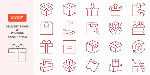 Obraz premium Delivery boxes and package, thin line icon set. Symbol collection in transparent background. Editable vector stroke