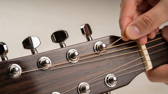A close-up of a hand tuning a guitar. The hand is adjusting the tuning pegs on the headstock of an acoustic guitar. The background is neutral and soft.
