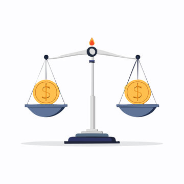 A perfectly balanced scale with two golden dollar coins, symbolizing financial equality, fair trade, or equal value in economic transactions.