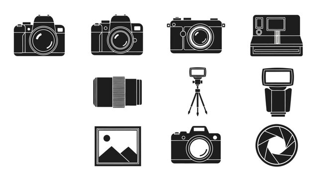 Collection of Photography Equipment Icons including Cameras and Accessories for Creative Design