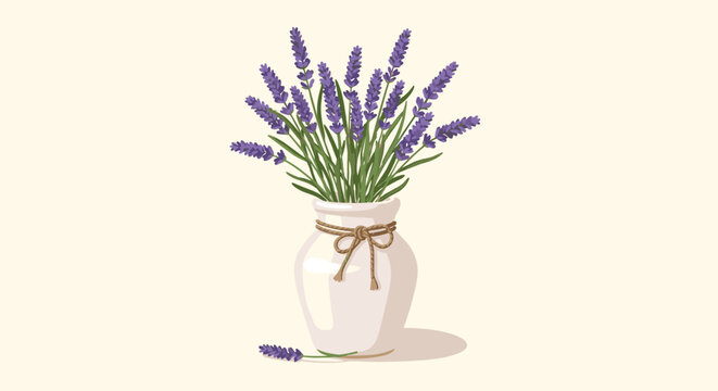 Rustic white ceramic vase holding a bouquet of purple lavender flowers tied with a simple rope over a soft cream colored background.