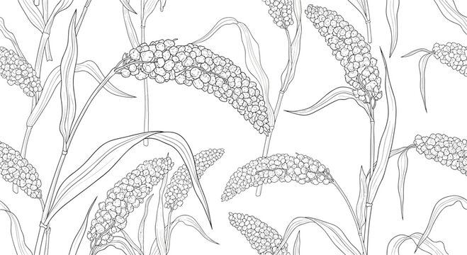 Detailed black and white seamless pattern of sorghum ears and leaves in a hand drawn engraving style suitable for farm product packaging.