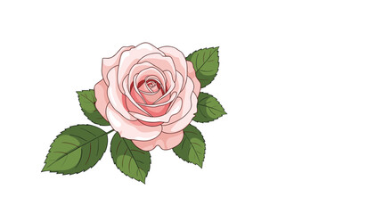 Fototapeta premium Beautiful single pink rose with layers of petals and rich green leaves is illustrated in a detailed realistic style on white background.