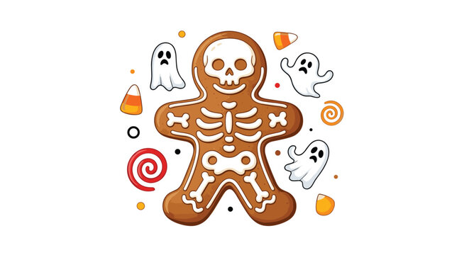 Halloween gingerbread man decorated like a white skeleton is surrounded by ghosts, candy corn, and sugar treats on white background.