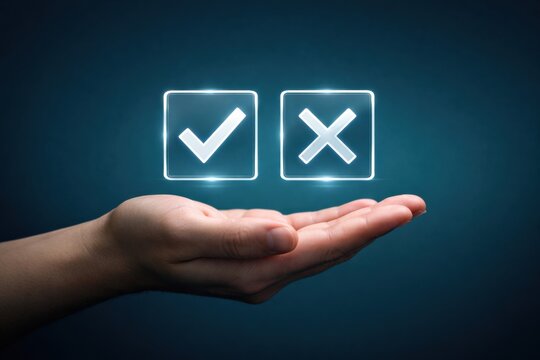 Yes and no decision concept checkmark and cross icons in hand digital evaluation approval rejection