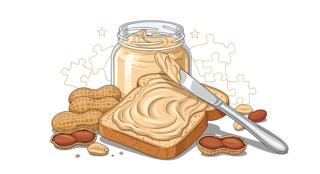 Creamy peanut butter being spread on a slice of fresh toasted bread with a knife alongside a jar and scattered nuts.