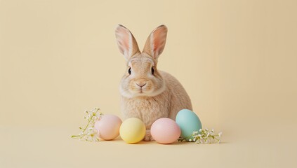 Fototapeta premium Soft rabbit sits beside colorful Easter eggs