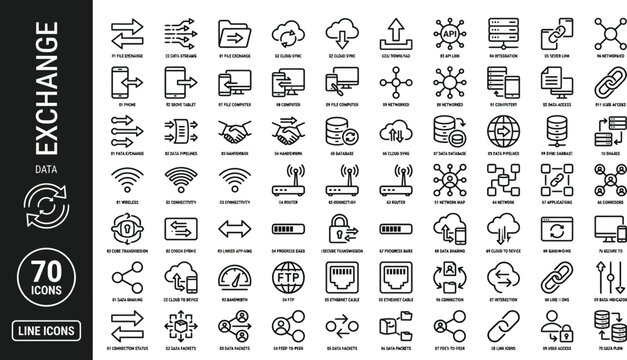 A collection of line icons depicting various data exchange and technology concepts Ai, eps, jpg, transparent background, eps