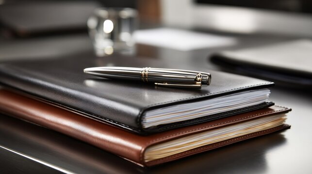 executive workspace, an account executives polished desk features organized business documents, a leather portfolio, and a sleek pen it exudes professionalism and success