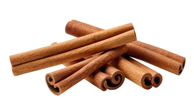Brown cinnamon sticks piled together, isolated on transparent background