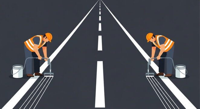 Road workers painting white lines on asphalt highway.